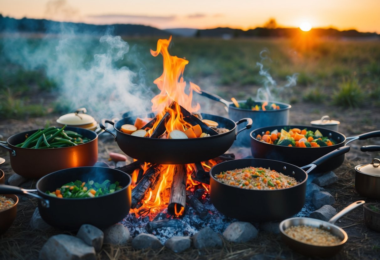 A campfire surrounded by various pots and pans filled with colorful vegetables and grains cooking over the open flames. Smoke rises into the air as the sun sets in the background