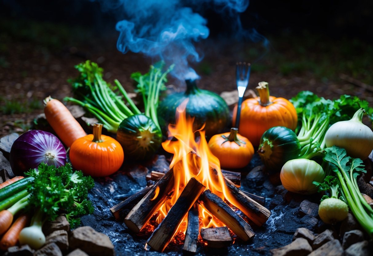 A group of vegetables and cooking utensils arranged around a crackling campfire. Smoke rises into the night sky as the meal begins to take shape