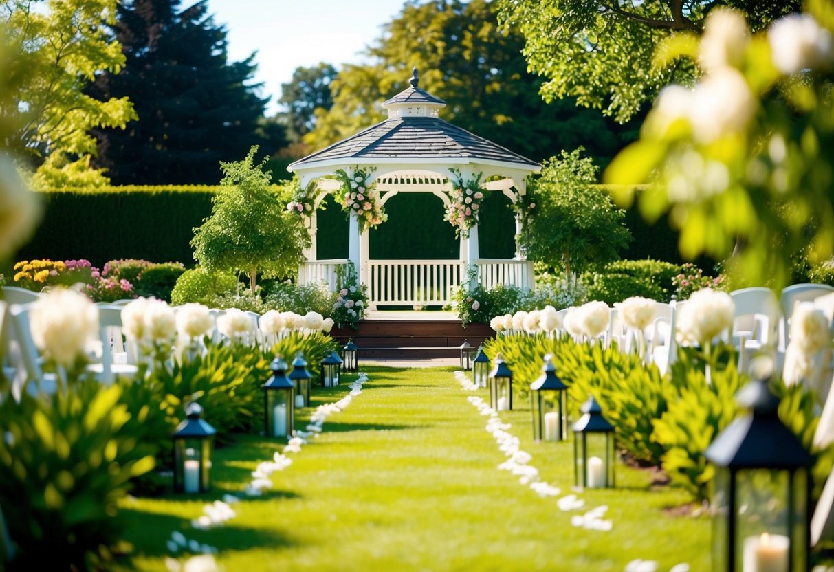 A sunny outdoor wedding set in a lush garden, with a gazebo adorned in flowers and a pathway lined with lanterns