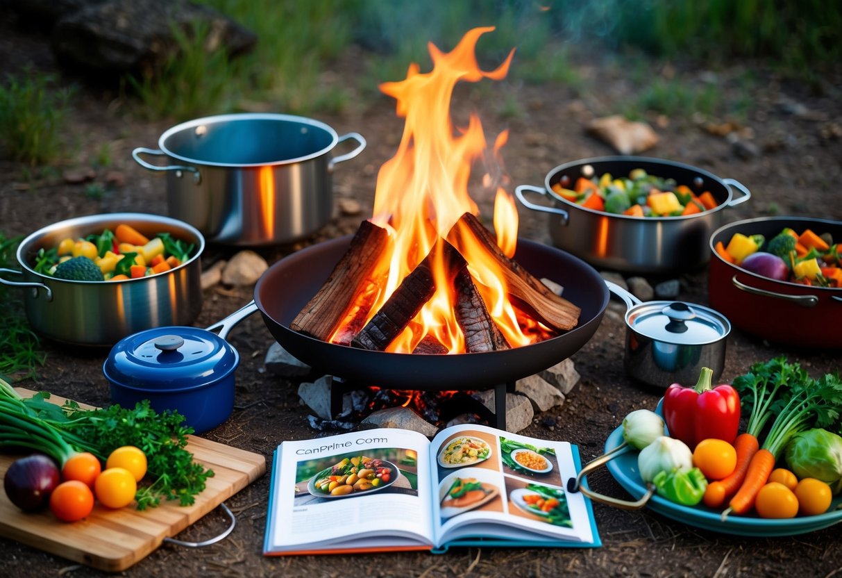 A campfire surrounded by pots and pans filled with colorful vegetables, a portable stove, a cutting board with fresh produce, and a camping cookbook open to a vegetarian recipe
