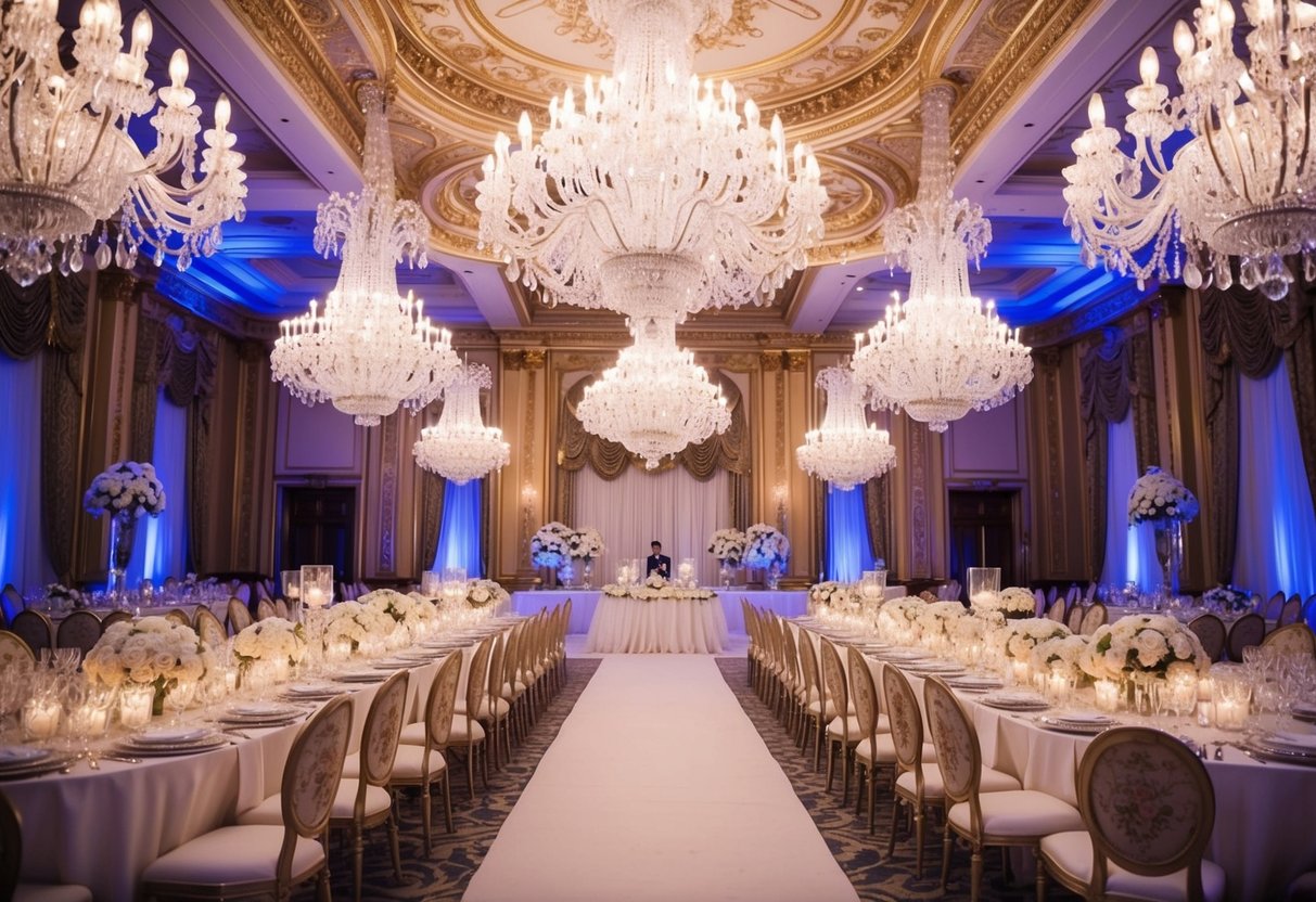 A lavish, ornate ballroom with crystal chandeliers and opulent decor, set for an extravagant wedding ceremony