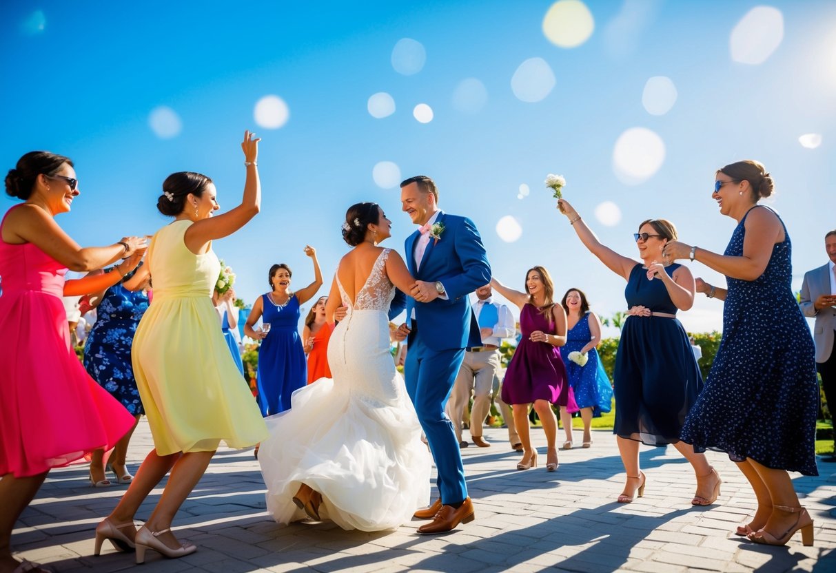 A vibrant outdoor wedding on a sunny Monday, with guests dancing and celebrating under a clear blue sky