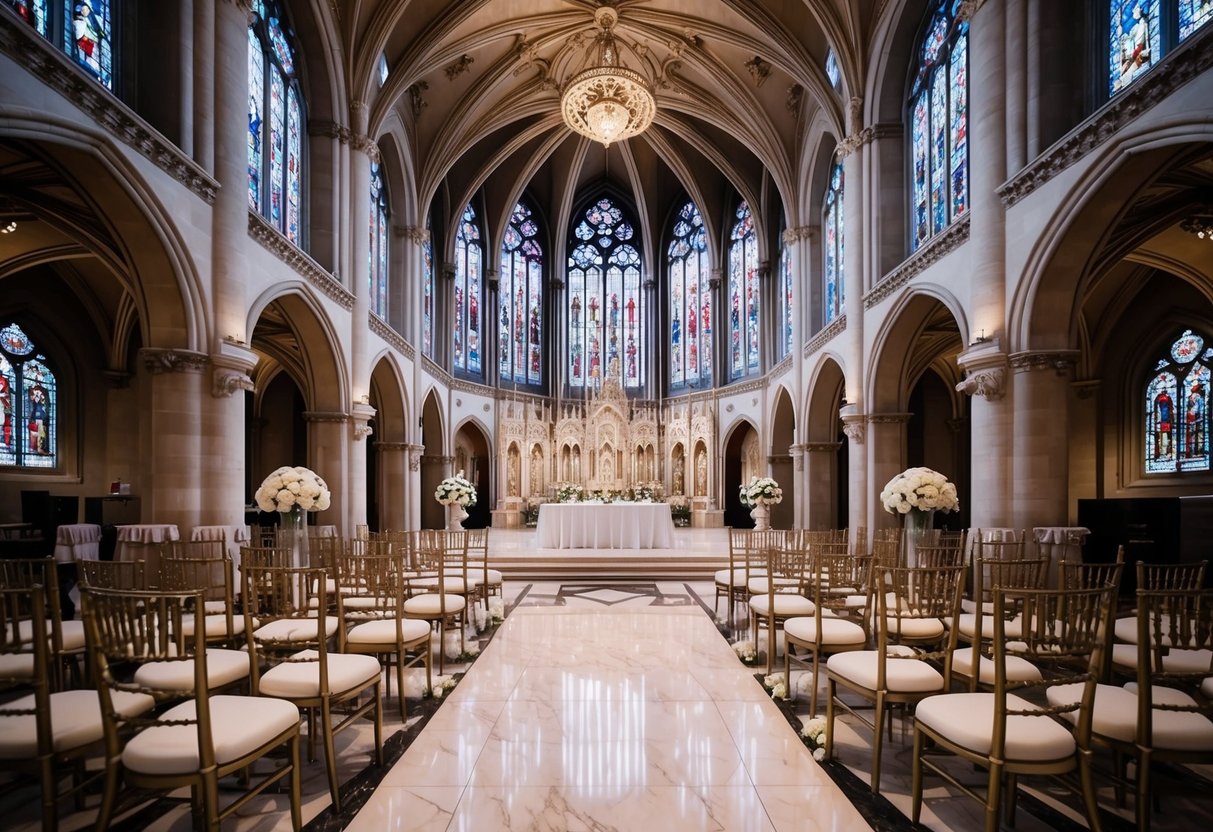 A grand, ornate cathedral with high ceilings, intricate stained glass windows, and elegant marble floors, set up for a lavish wedding ceremony