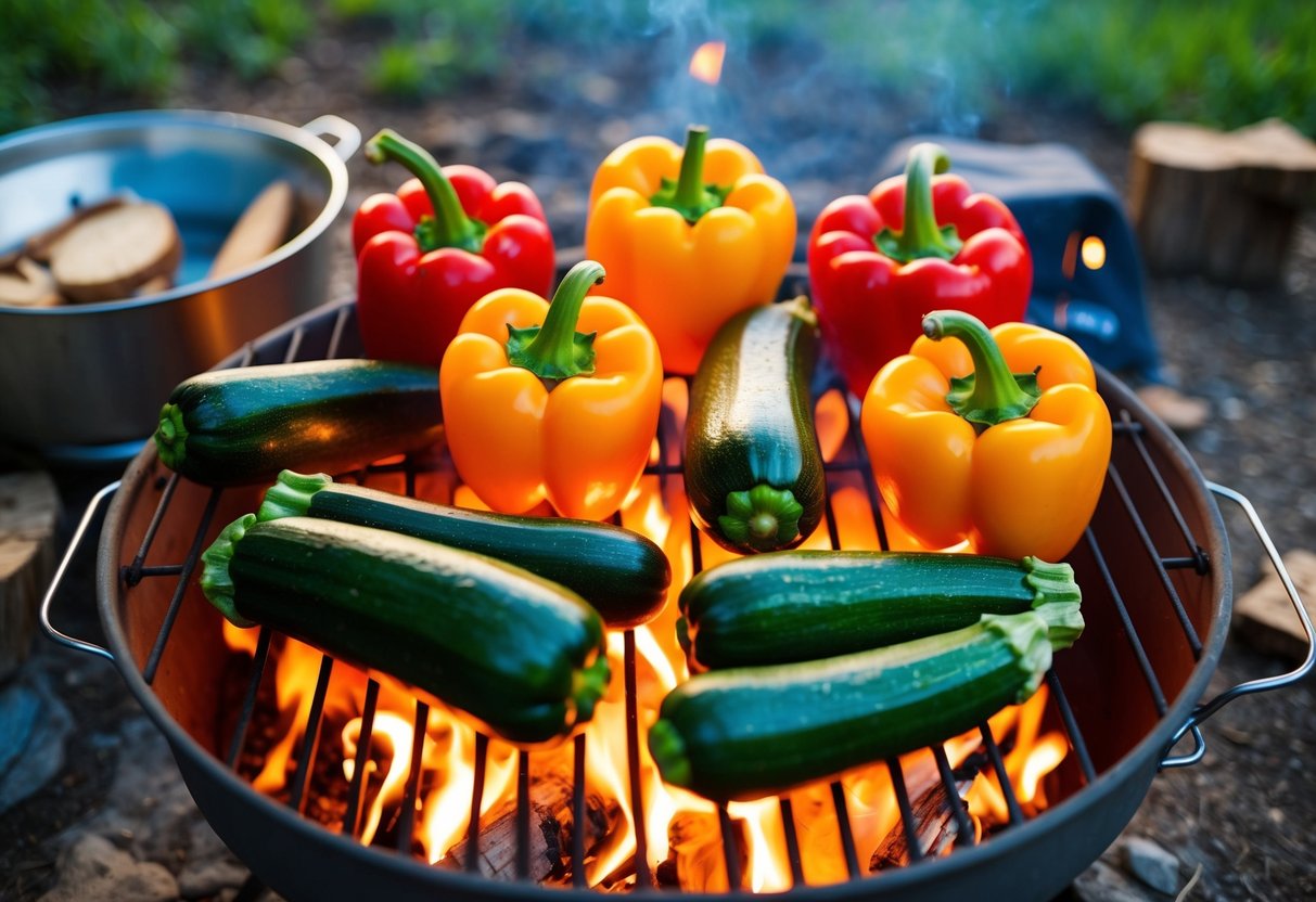 Fresh bell peppers and zucchini arranged on a campfire grill, surrounded by a rustic camping setup