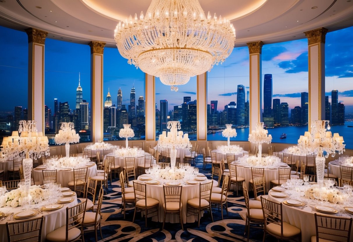 A lavish, opulent ballroom adorned with crystal chandeliers and ornate gold trimmings, set against a backdrop of breathtaking city skyline views