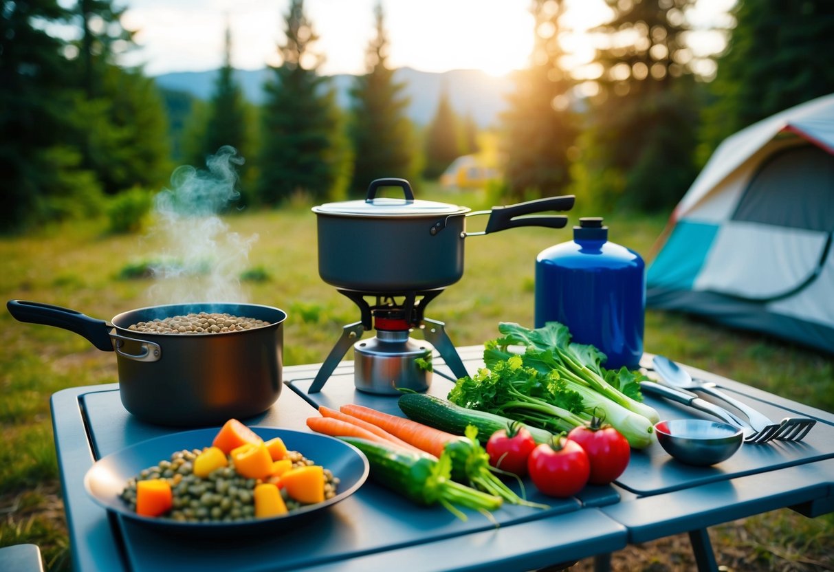 A campsite with a portable stove, a pot of pre-cooked lentils, various vegetables, and a camping utensil set laid out on a picnic table