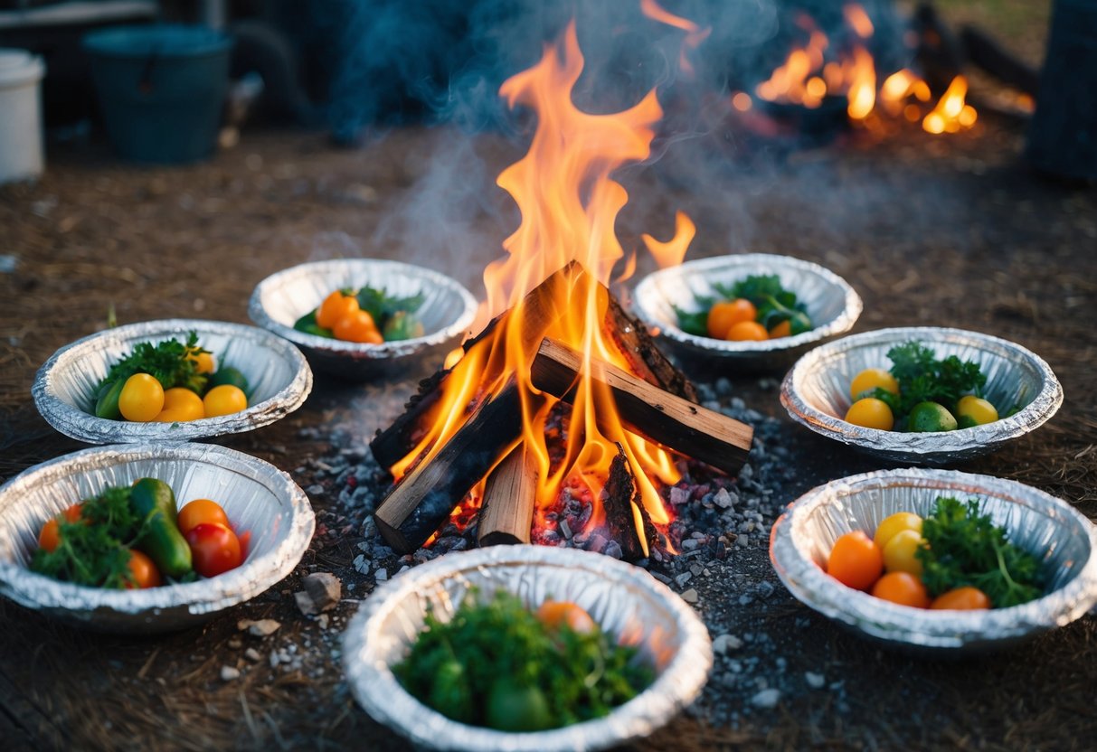 A campfire surrounded by foil packs filled with colorful vegetables and herbs, emitting savory aromas
