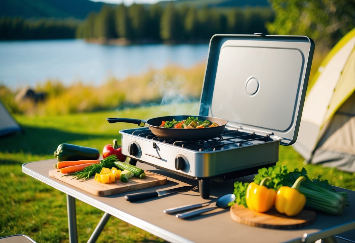 A campsite kitchen with a portable stove, cutting board, fresh vegetables, and cooking utensils set up on a picnic table. The sun is shining, and a serene natural backdrop is visible in the distance