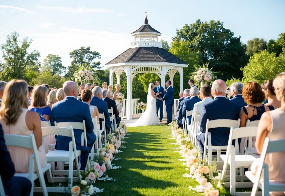 A sunny outdoor wedding ceremony with a gazebo, blooming flowers, and rows of white chairs filled with guests