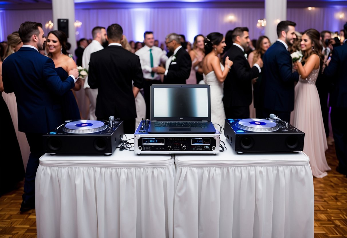 A wedding DJ booth with turntables, speakers, and a laptop set up on a table. The dance floor is filled with guests in formal attire