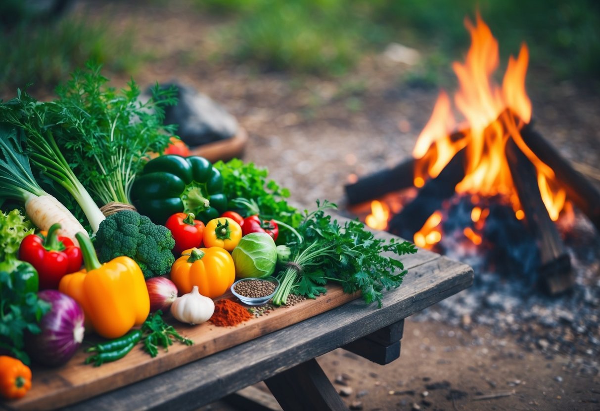A colorful array of fresh vegetables, herbs, and spices laid out on a rustic wooden table next to a campfire, ready to be used in a delicious vegetarian campsite meal