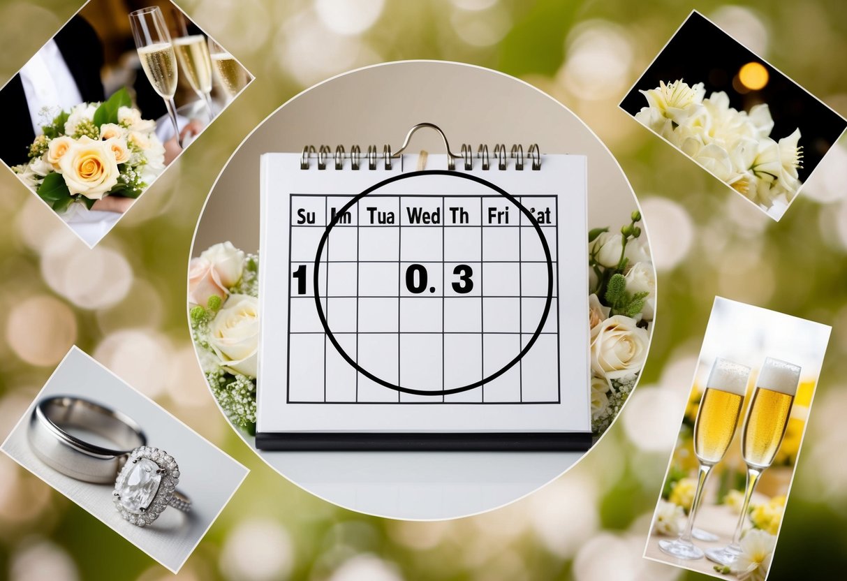 A calendar with a circle around a specific date, surrounded by images of wedding-related items such as rings, flowers, and champagne glasses