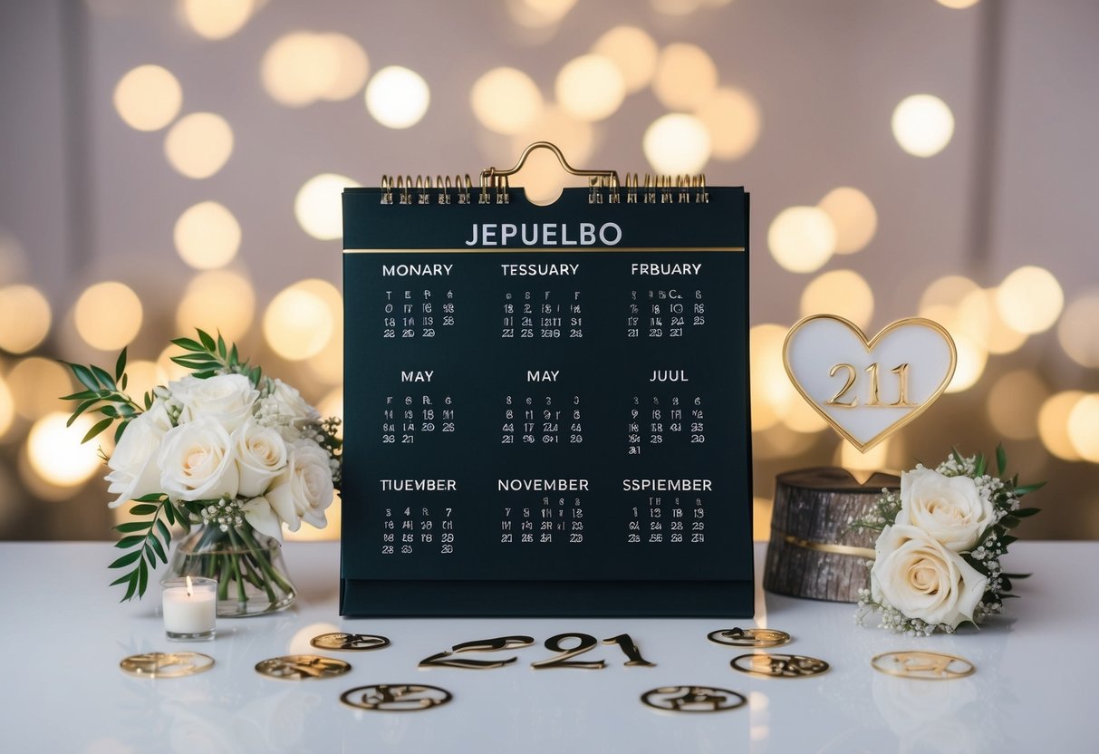 A calendar with various dates marked, surrounded by wedding-related symbols and decorations