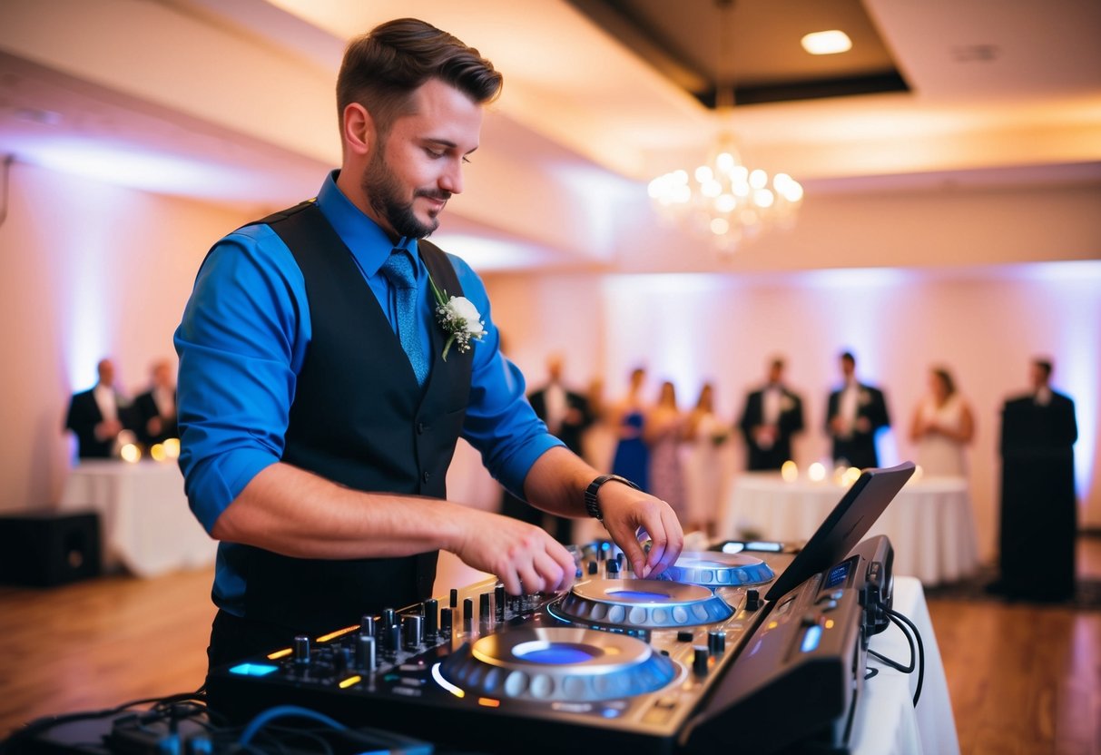 A wedding DJ setting up equipment and adjusting sound levels in a brightly lit reception hall