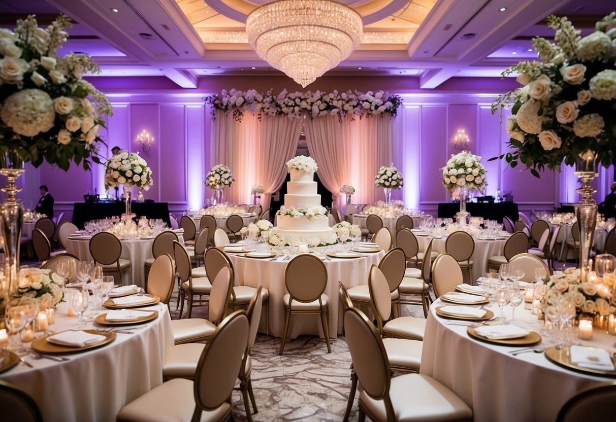 A lavish wedding reception with extravagant decorations, a grand cake, and elegant table settings