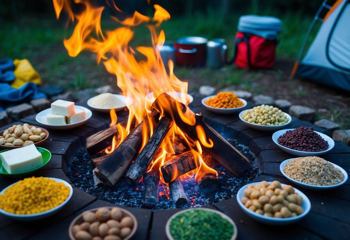 A campfire surrounded by various plant-based protein sources such as tofu, lentils, chickpeas, quinoa, and nuts, with camping gear in the background