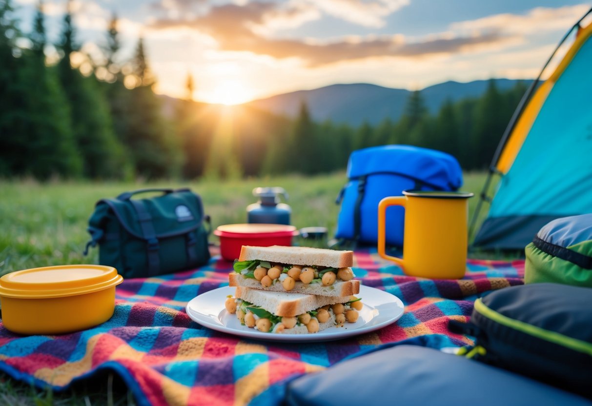 A picnic blanket with chickpea salad sandwiches, surrounded by camping gear and outdoor scenery