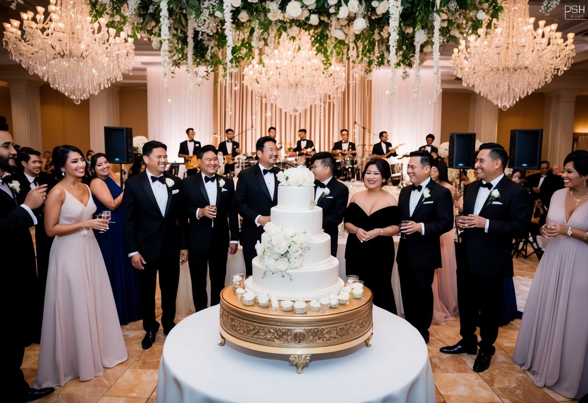A lavish wedding reception with extravagant decorations, a grand cake, and a live band, surrounded by guests in formal attire
