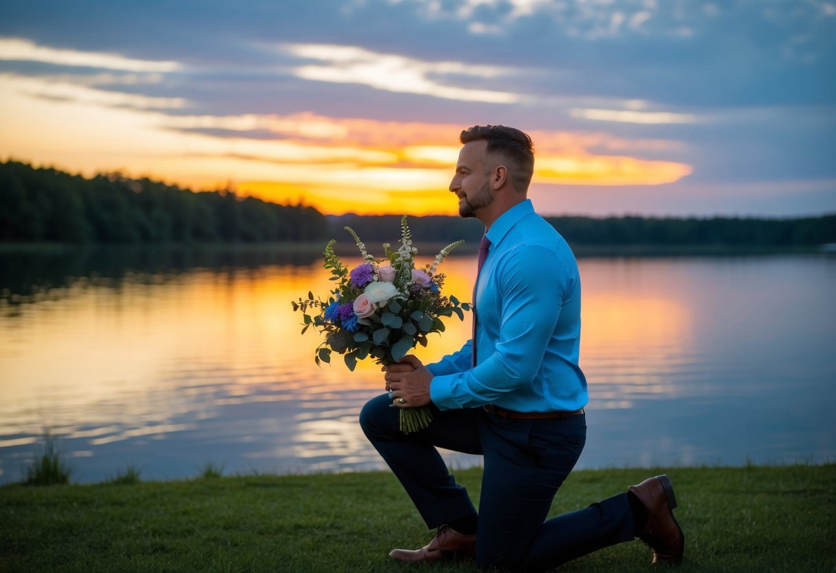 A man holding a bouquet of flowers and a ring, kneeling in front of a beautiful sunset over a serene lake
