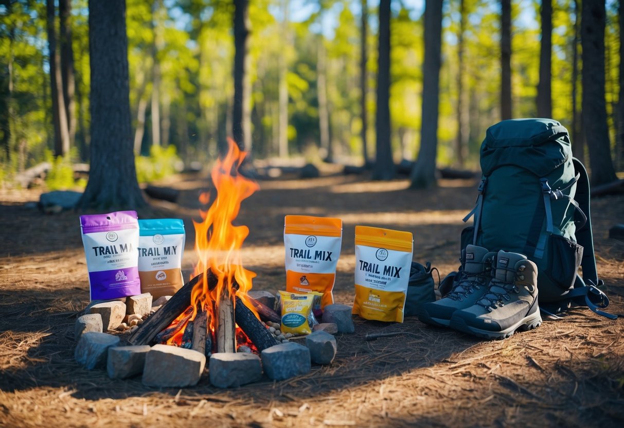 A sunny forest clearing with a campfire surrounded by bags of trail mix, nuts, and dried fruit. A backpack and hiking boots are nearby