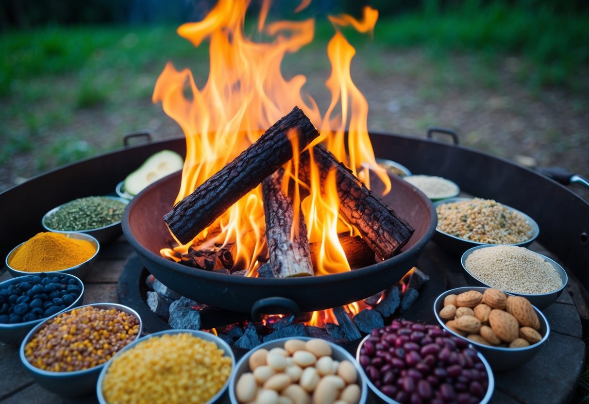 A campfire surrounded by various plant-based protein sources such as lentils, quinoa, beans, and nuts, with a backdrop of a serene outdoor setting