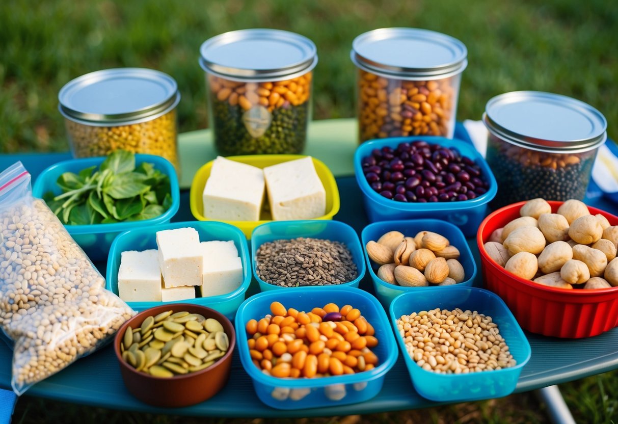 A camping scene with a variety of plant-based protein sources such as beans, lentils, tofu, nuts, and seeds packed in containers and laid out on a picnic table