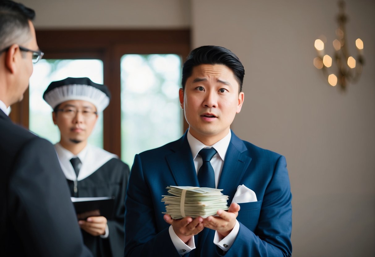 A person holding a stack of bills, standing in front of a wedding officiant with a questioning expression