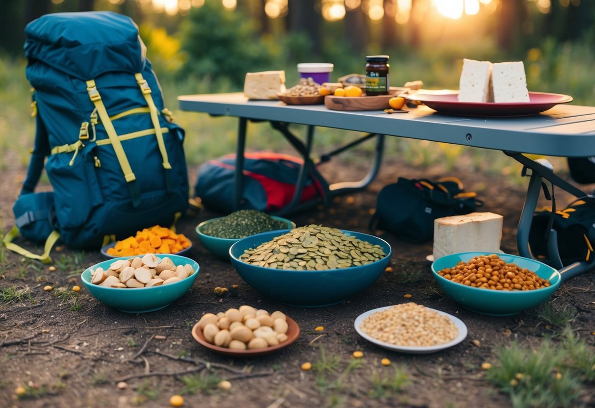 A campsite with a picnic table surrounded by various plant-based protein sources such as nuts, seeds, lentils, and tofu. A backpack and hiking gear are scattered around the area