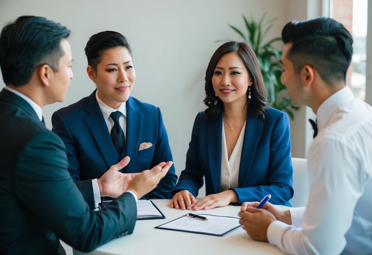A couple sitting at a table, discussing with an officiant. The officiant is gesturing and the couple is listening intently. A contract and pen are on the table