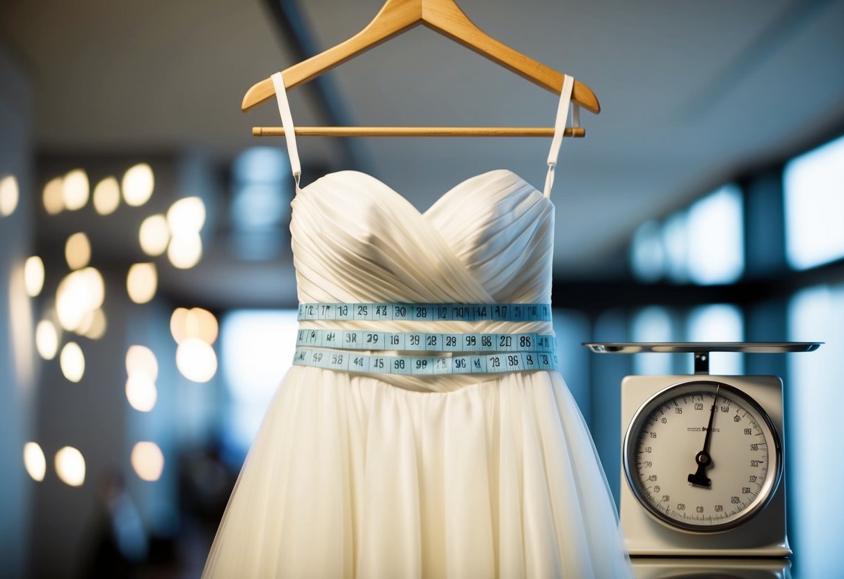 A wedding dress hanging on a hanger, with a measuring tape wrapped around the waist, and a scale nearby showing decreasing numbers