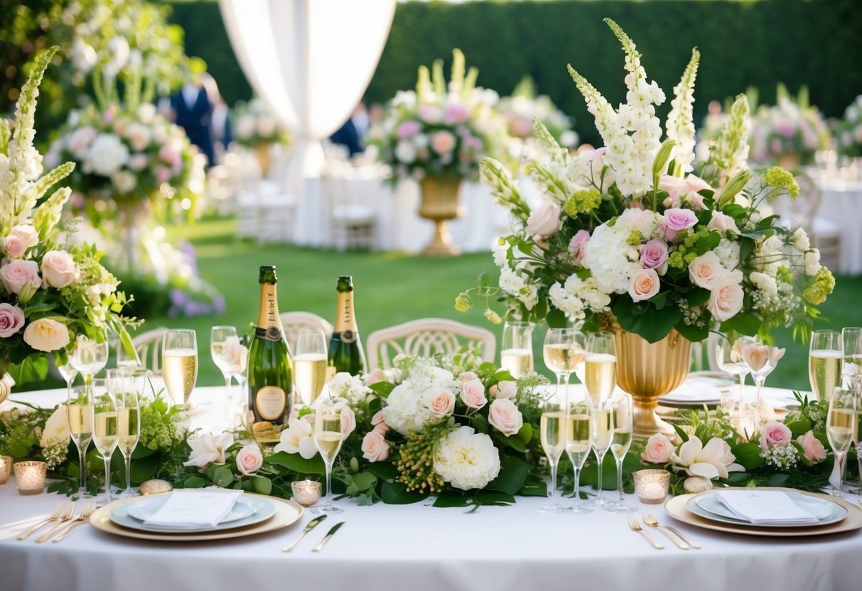 A lavish garden party with elegant floral arrangements, flowing champagne, and opulent decor, showcasing the exquisite taste and sophistication of the mother of the bride