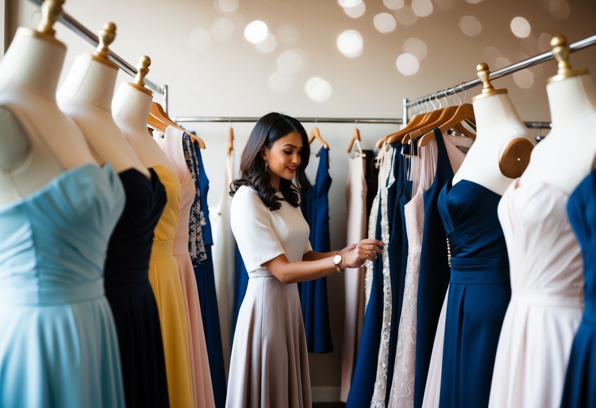 A woman browsing through a rack of elegant dresses, surrounded by mannequins in formal attire