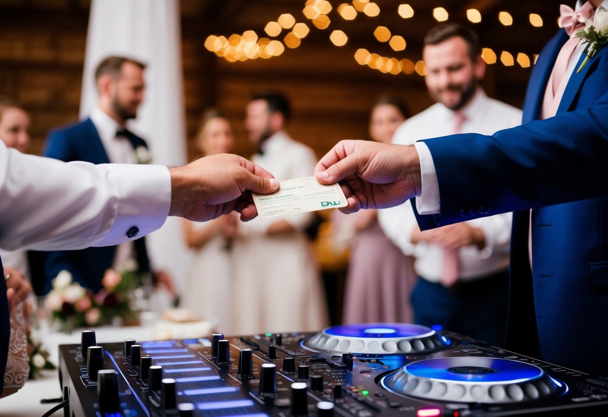 The groom hands over payment to the DJ at the wedding reception