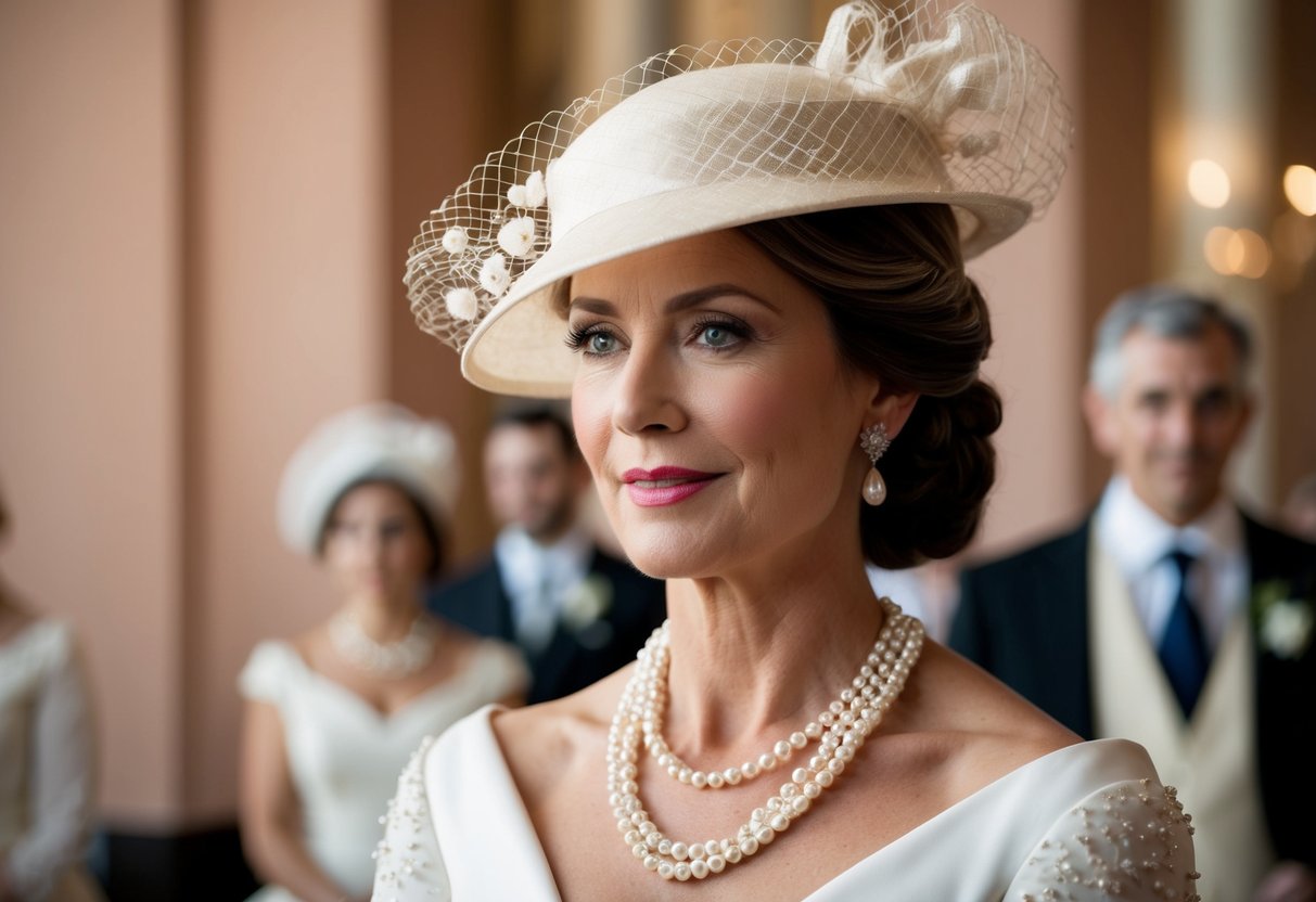 A regal woman in an elegant gown, adorned with pearls and a delicate hat, exudes sophistication at a formal wedding