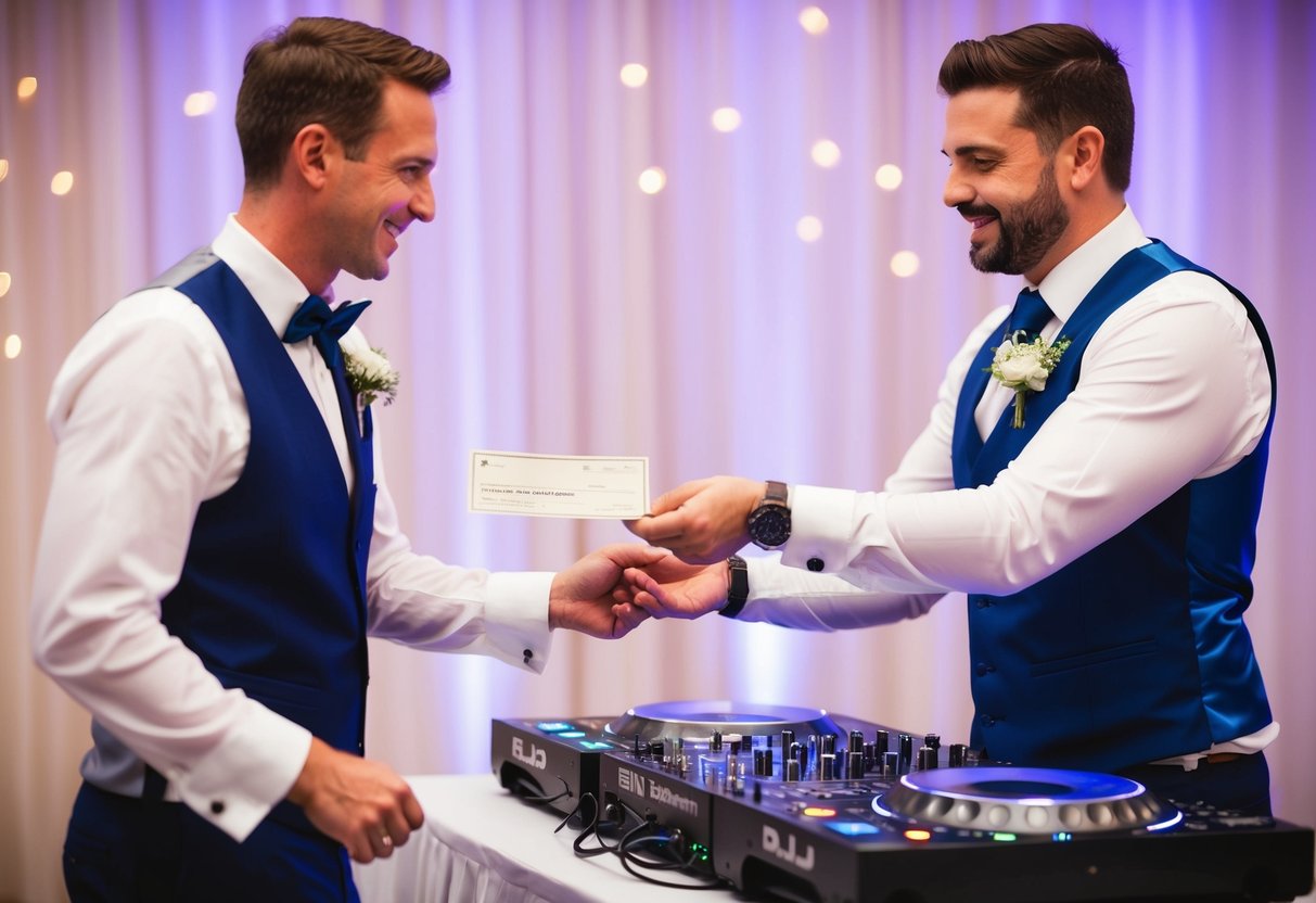 A groom is seen handing over a check or cash to the DJ at the wedding reception