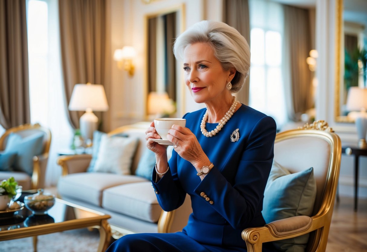 A well-dressed, sophisticated 60-year-old woman sipping tea in a refined, elegant living room adorned with luxurious furniture and tasteful decor