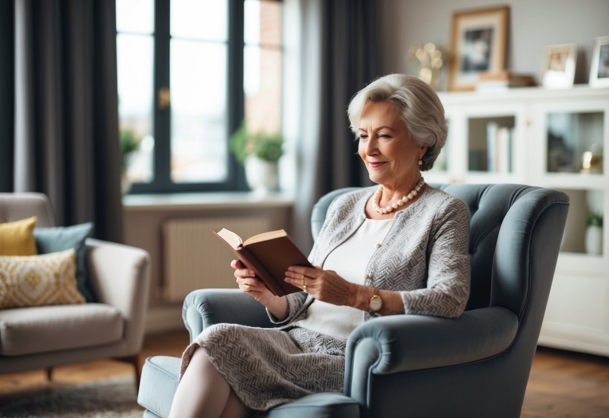 A well-dressed 60-year-old woman sitting in a cozy armchair, sipping tea and reading a book in a stylish and comfortable living room