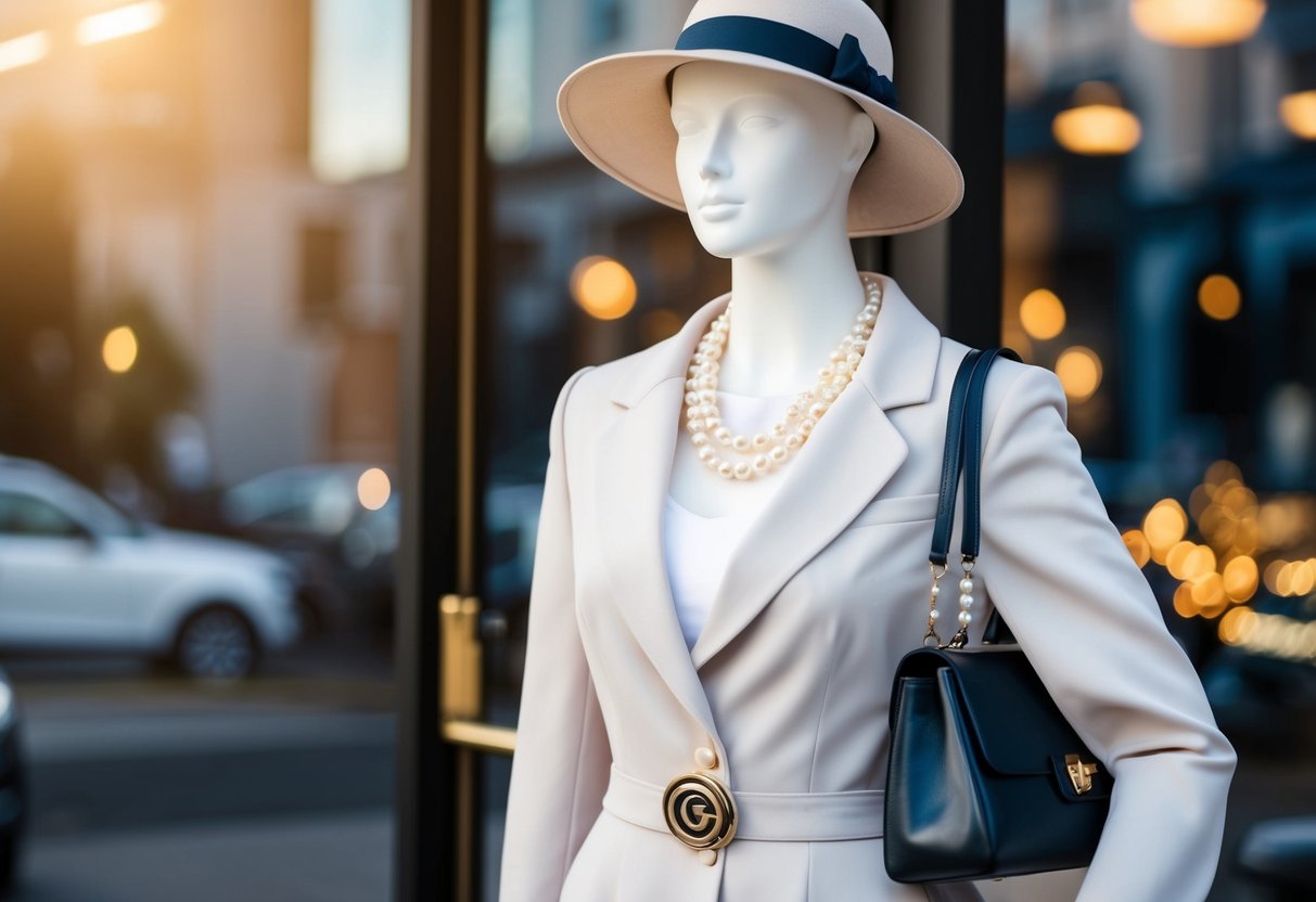 A well-dressed mannequin in a sophisticated outfit with elegant accessories, such as a pearl necklace, a stylish hat, and a classic handbag