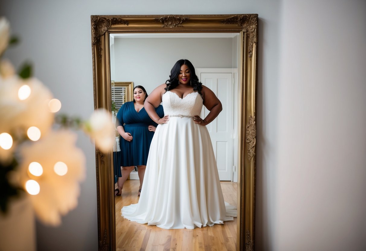 A plus-size bride stands in front of a full-length mirror, trying on a flowing A-line wedding dress with a sweetheart neckline and delicate lace details