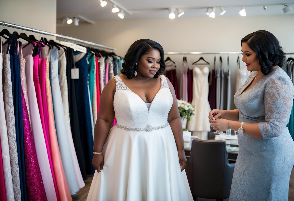 A plus-size bride stands in a bridal boutique, surrounded by various fabric swatches and dress styles. She examines a gown with a flattering A-line silhouette and a V-neckline, while a consultant offers assistance