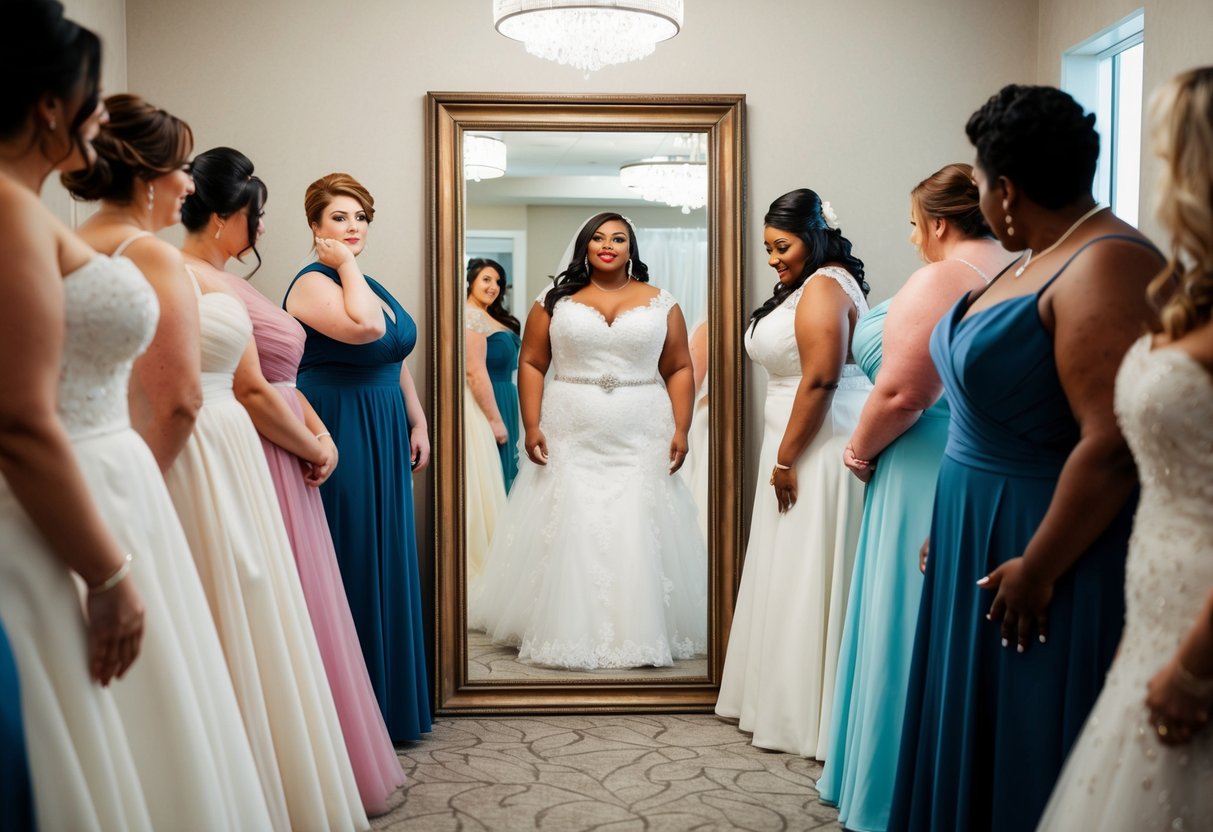 A plus-size bride trying on various wedding dresses in front of a full-length mirror, looking for the most flattering style