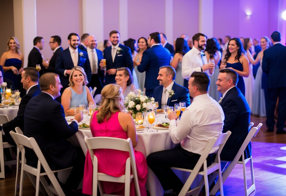 Guests seated at tables, chatting and enjoying food and drinks. Some stand to watch the dance floor, while others remain seated, observing the festivities