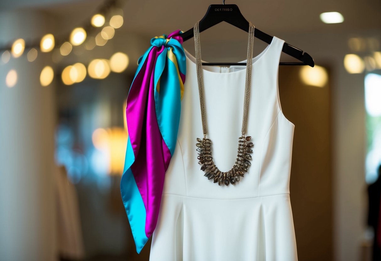 A sleeveless dress hangs on a hanger, adorned with a statement necklace and a colorful scarf draped over the shoulders