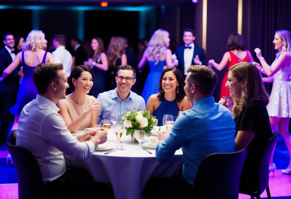 A group of people sitting at a table, chatting and laughing while others dance on the dance floor