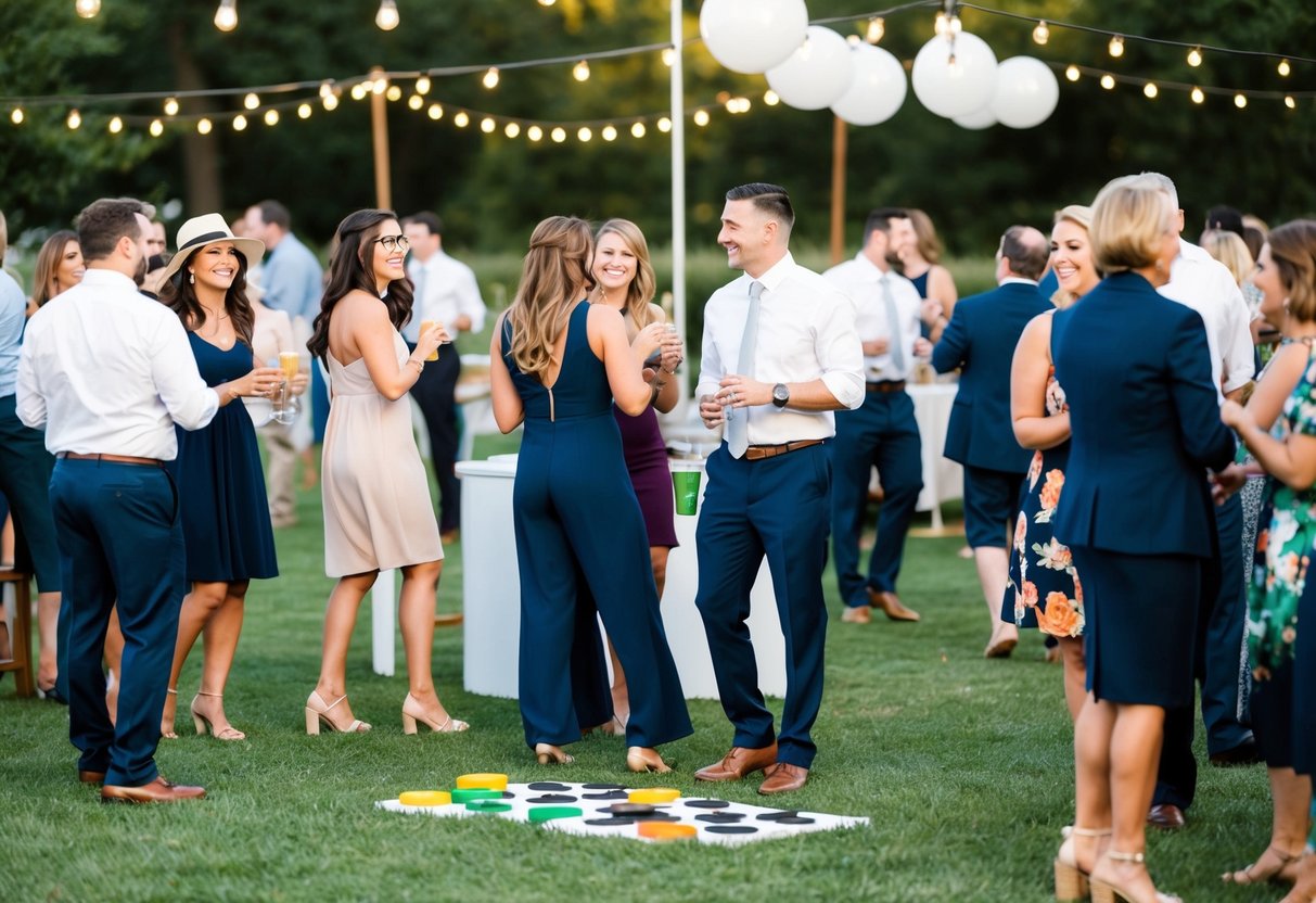 Guests mingle at outdoor reception: lawn games, photo booth, and live music provide alternative activities to dancing
