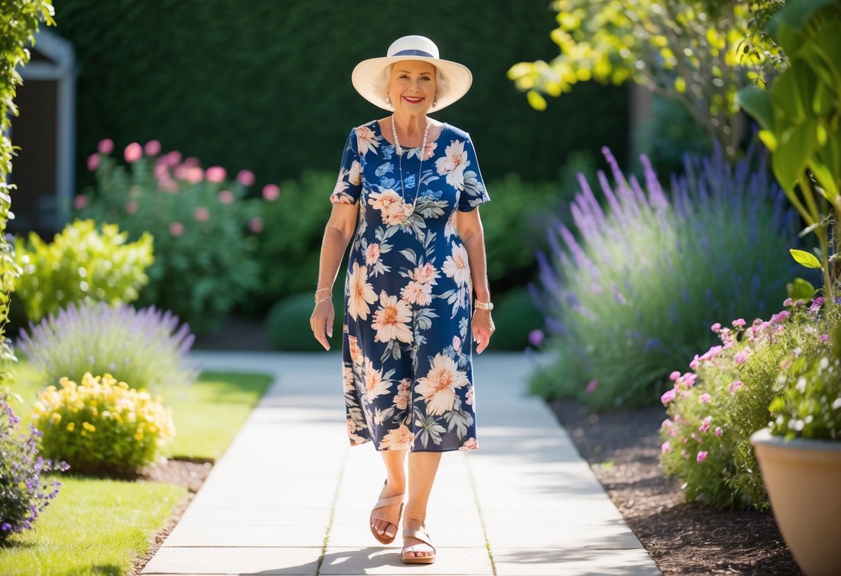 A 70-year-old woman wearing a floral print dress, a wide-brimmed hat, and comfortable sandals, walking through a sunlit garden