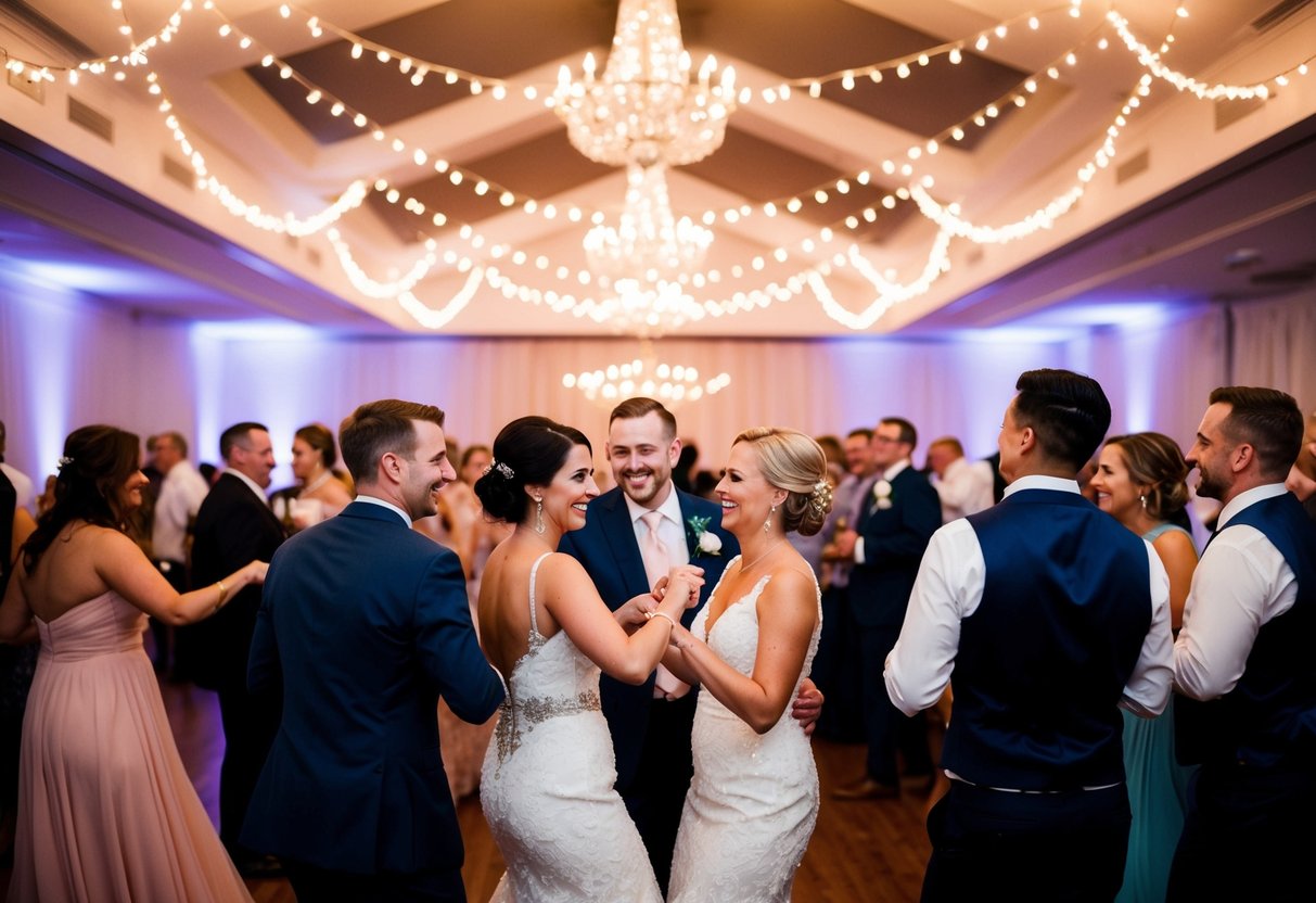 A lively wedding reception with guests dancing under twinkling lights