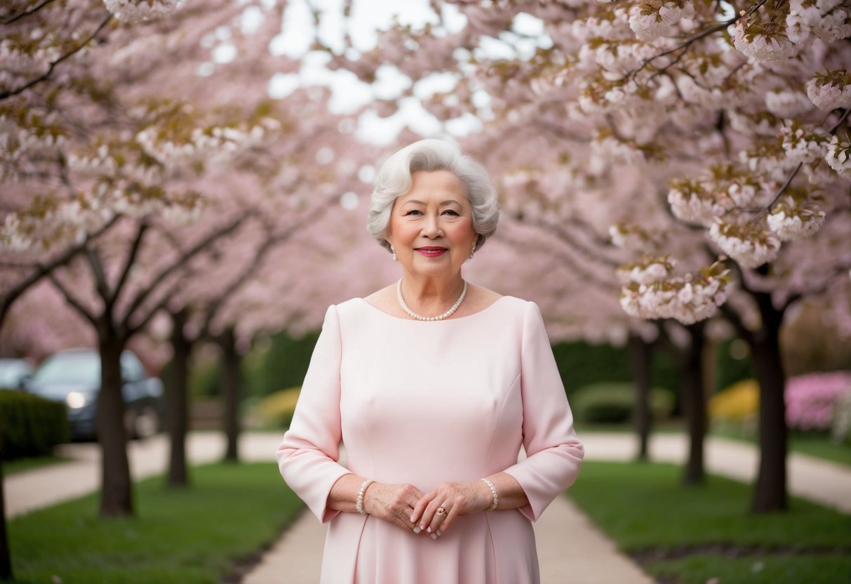 An older woman in a soft pink wedding dress, surrounded by blooming cherry blossoms in a peaceful garden