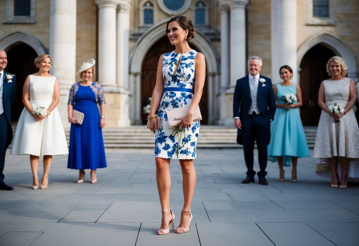 A woman in a floral dress and heels holding a clutch, standing in front of a grand church with other elegantly dressed wedding guests
