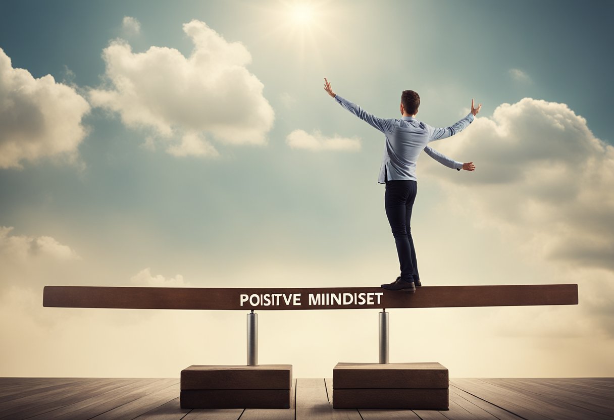 A person standing on a balance beam, one side labeled "Positive Mindset" and the other "Negative Mindset," with their body leaning towards the positive side